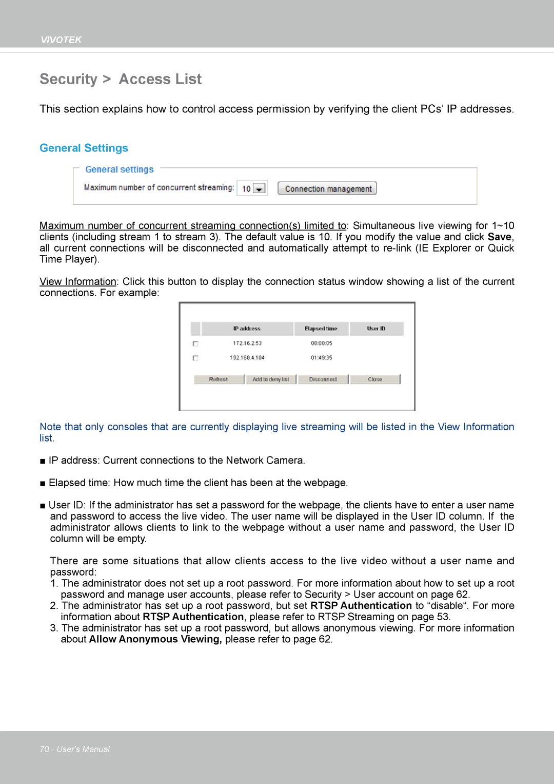 Vivotek VS8100 user manual Security Access List, General Settings 