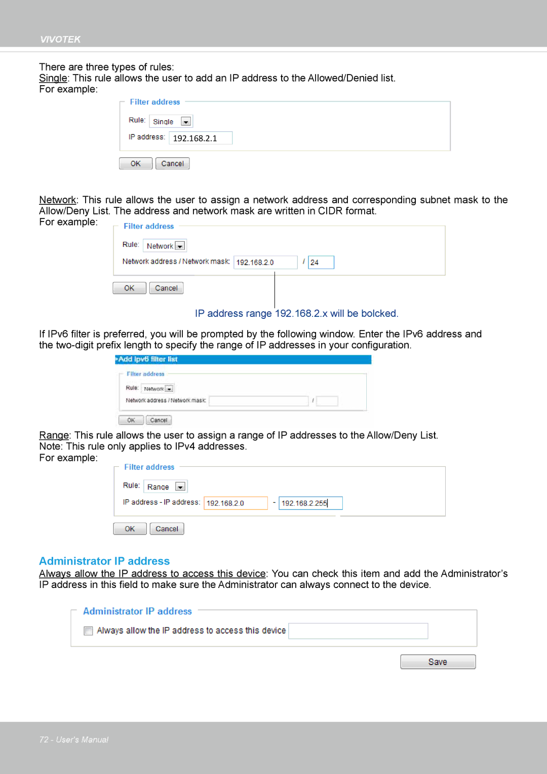 Vivotek VS8100 user manual Administrator IP address, IP address range 192.168.2.x will be bolcked 