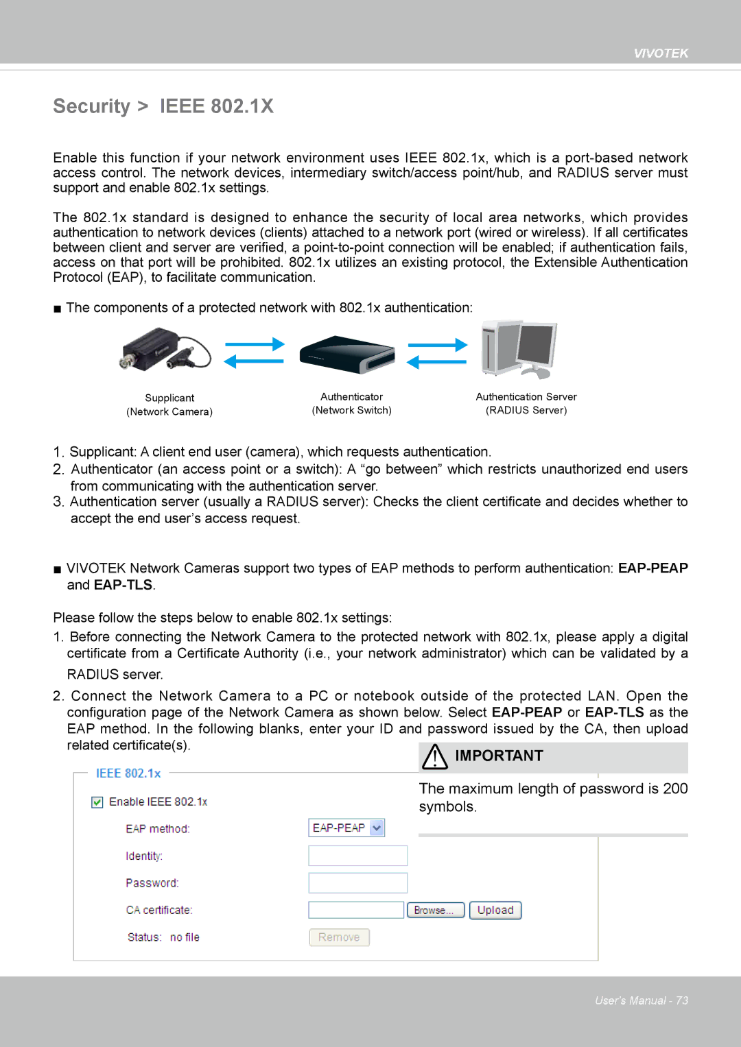 Vivotek VS8100 user manual Security Ieee, Maximum length of password is 200 symbols 