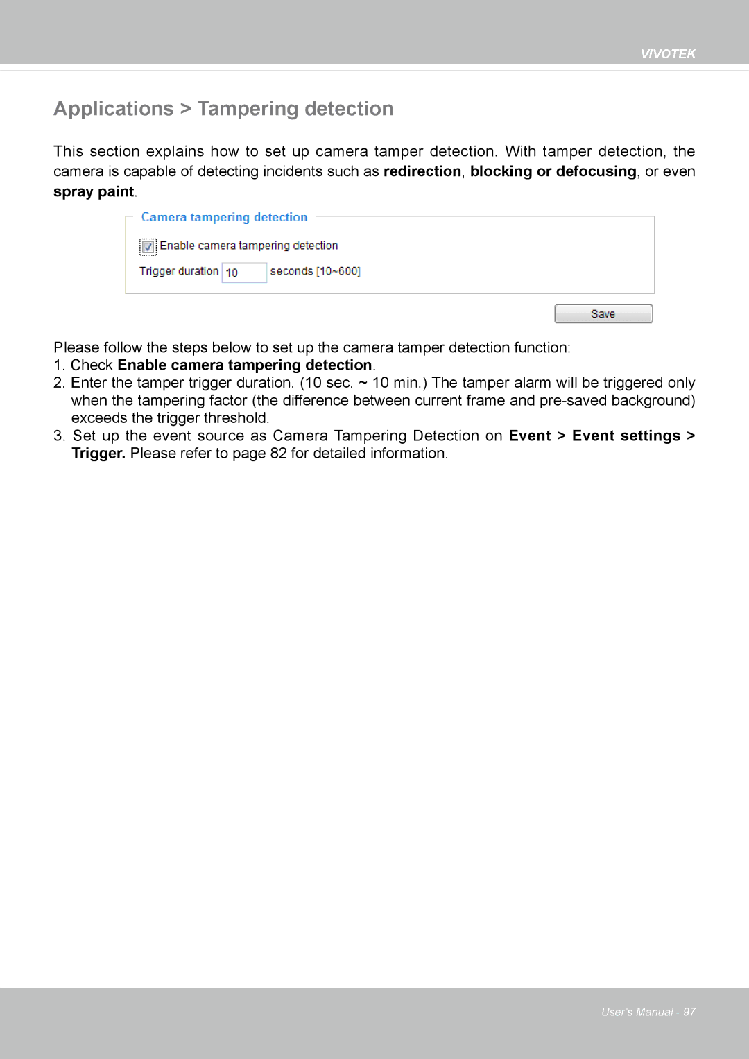 Vivotek VS8100 user manual Applications Tampering detection, Check Enable camera tampering detection 