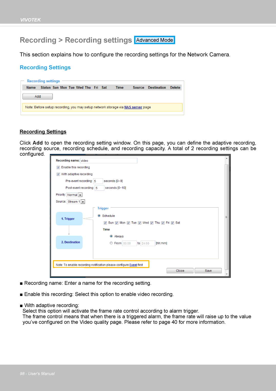 Vivotek VS8100 user manual Recording Recording settings, Recording Settings 