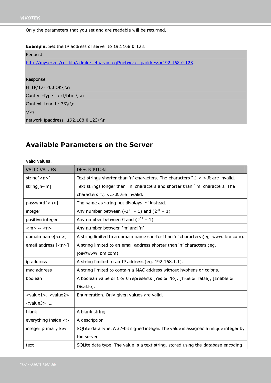 Vivotek VS8102 manual Available Parameters on the Server, Valid Values Description 