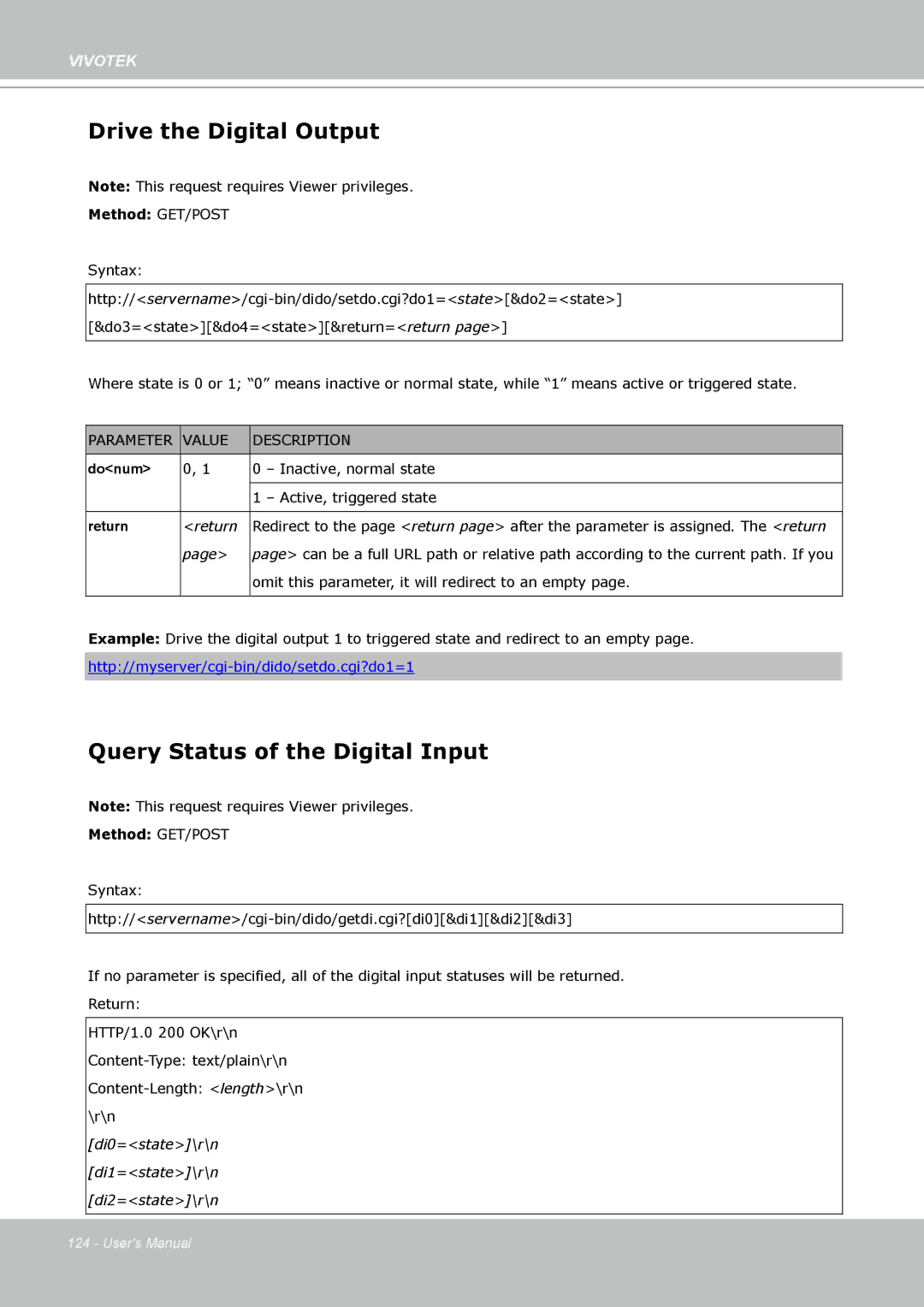 Vivotek VS8102 manual Drive the Digital Output, Query Status of the Digital Input 