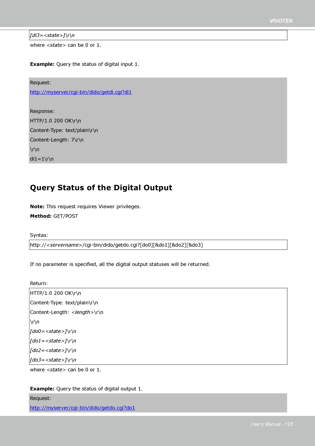 Vivotek VS8102 manual Query Status of the Digital Output, Di3=state\r\n 