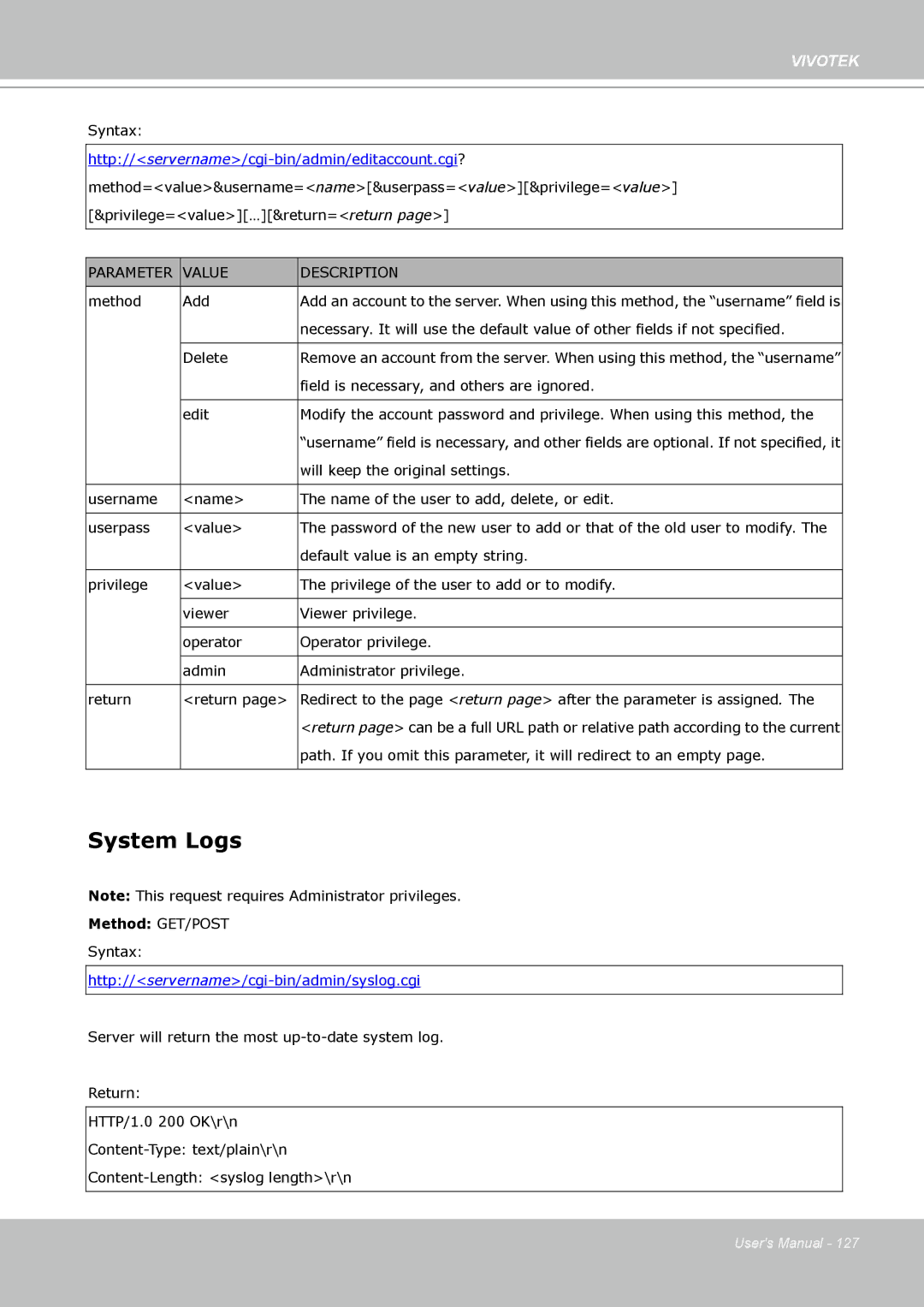 Vivotek VS8102 manual System Logs, Http//servername/cgi-bin/admin/syslog.cgi 