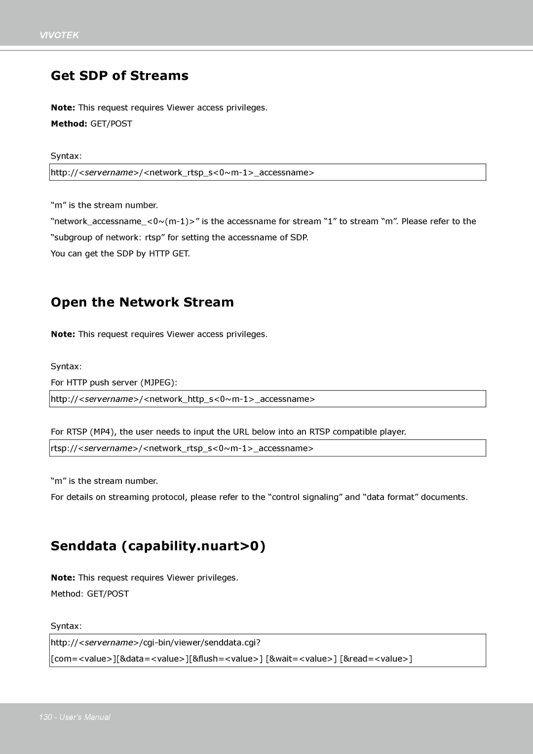 Vivotek VS8102 manual Get SDP of Streams, Open the Network Stream, Senddata capability.nuart0 