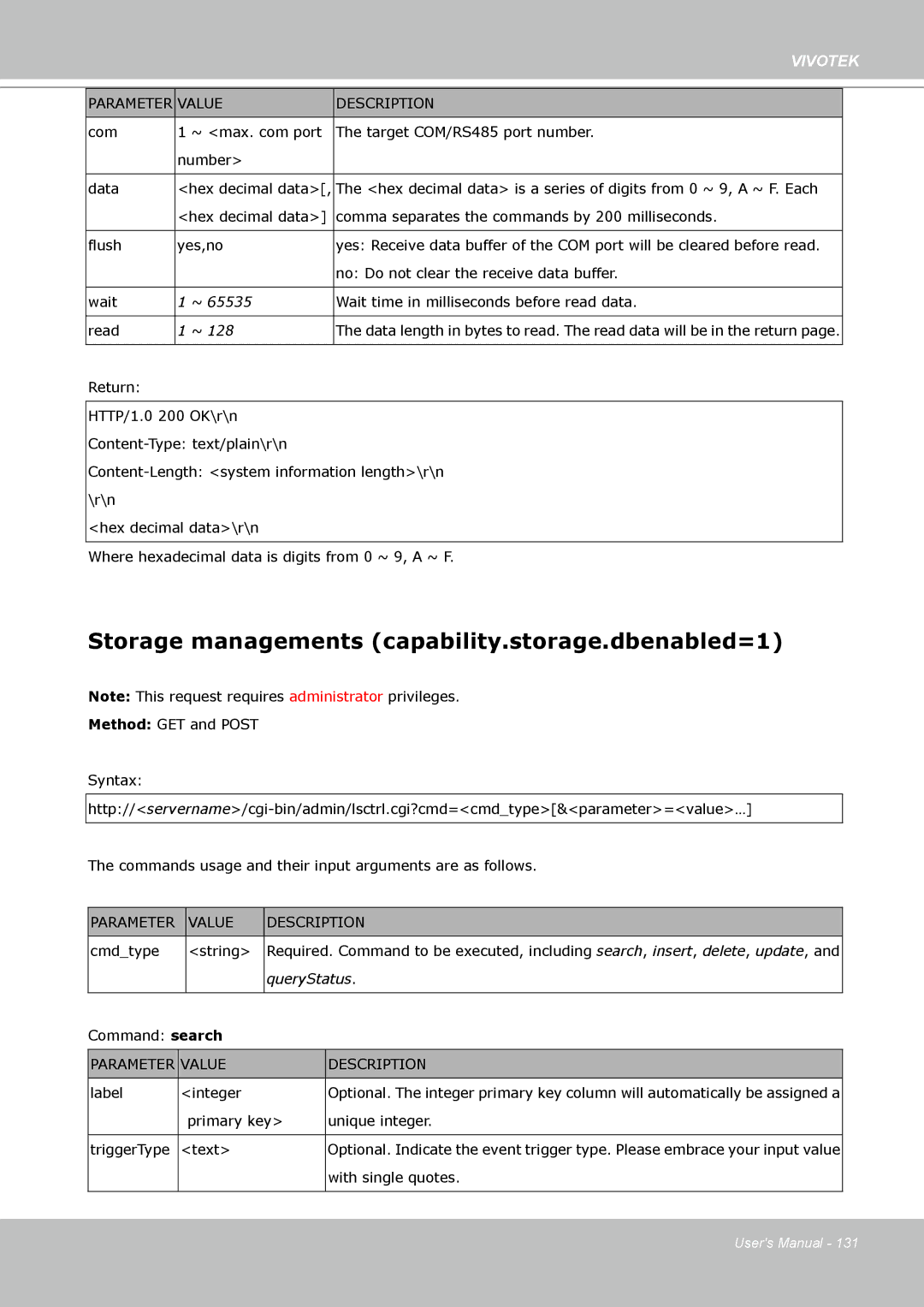 Vivotek VS8102 manual Storage managements capability.storage.dbenabled=1, QueryStatus 