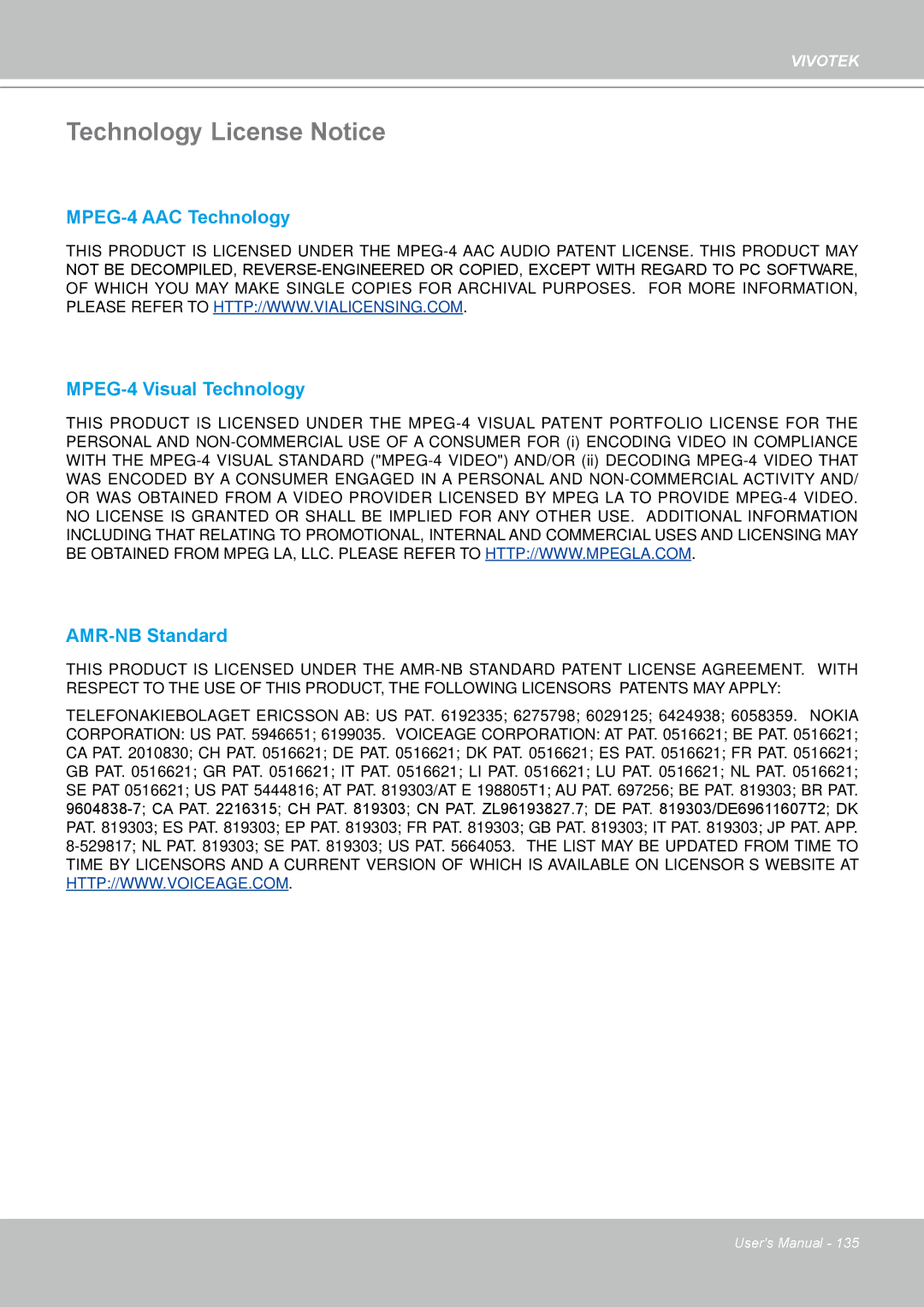 Vivotek VS8102 manual Technology License Notice 