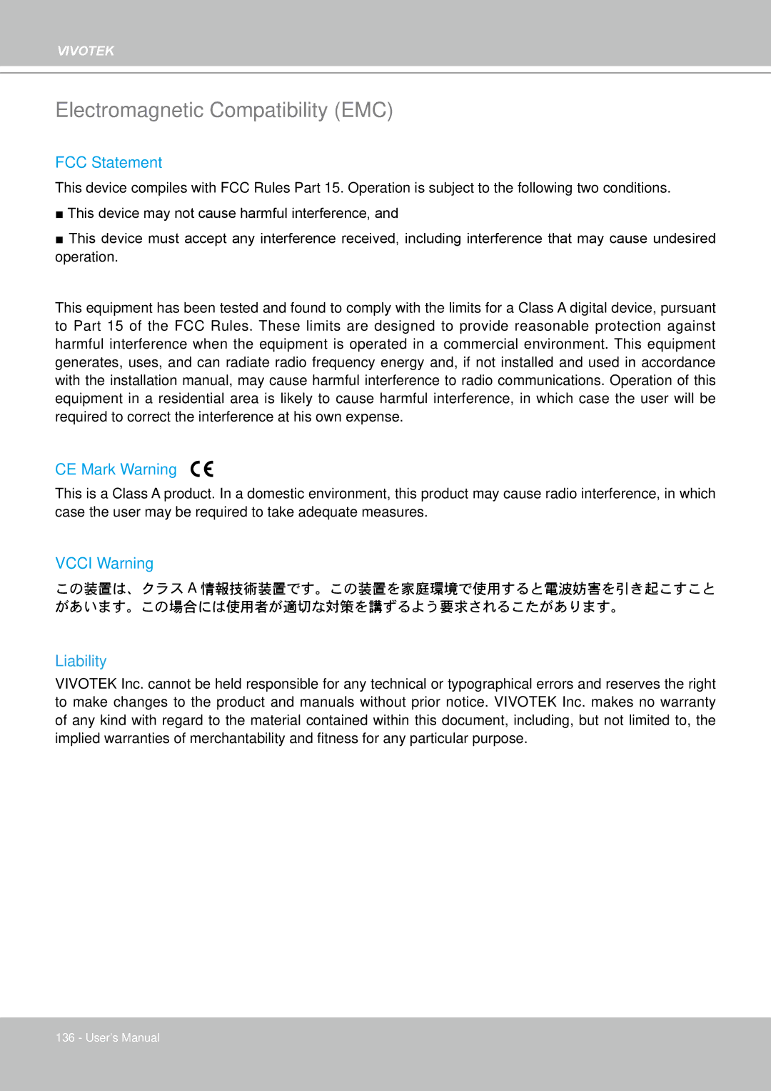 Vivotek VS8102 manual Electromagnetic Compatibility EMC, Liability 