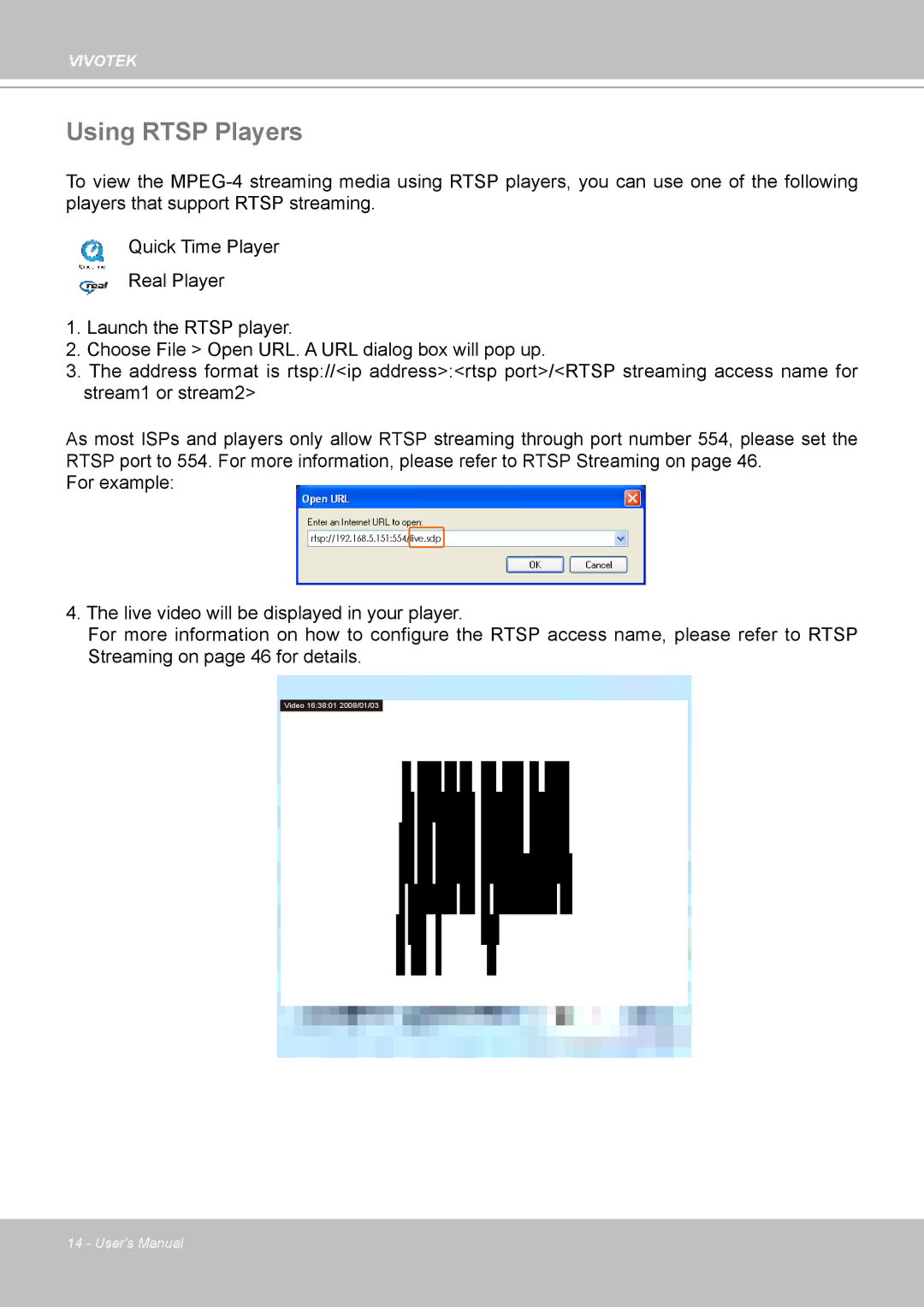 Vivotek VS8102 manual Using Rtsp Players 