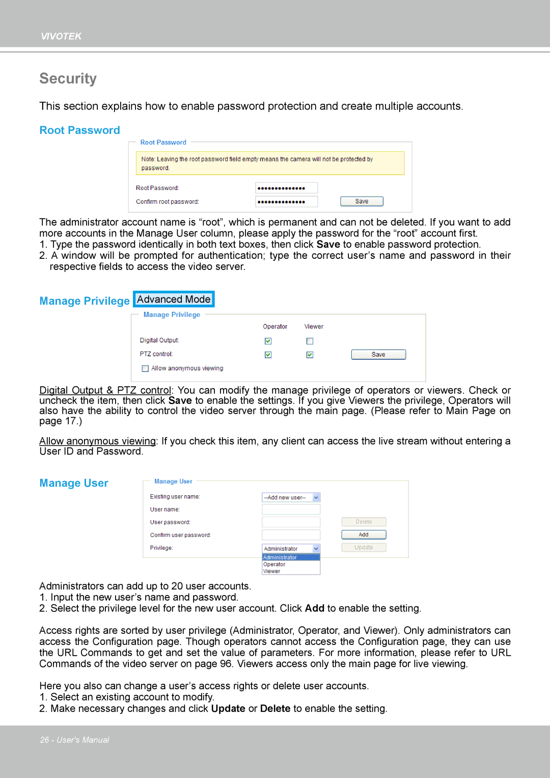 Vivotek VS8102 manual Security, Root Password, Manage Privilege, Manage User 