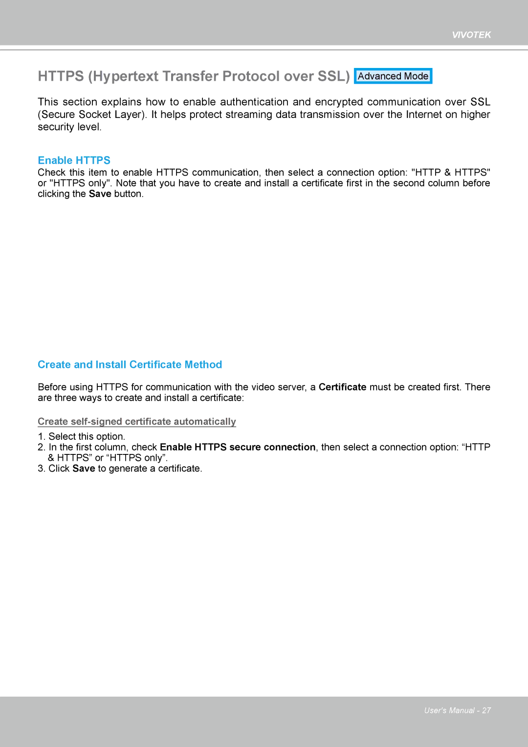 Vivotek VS8102 manual Https Hypertext Transfer Protocol over SSL, Enable Https, Create and Install Certificate Method 