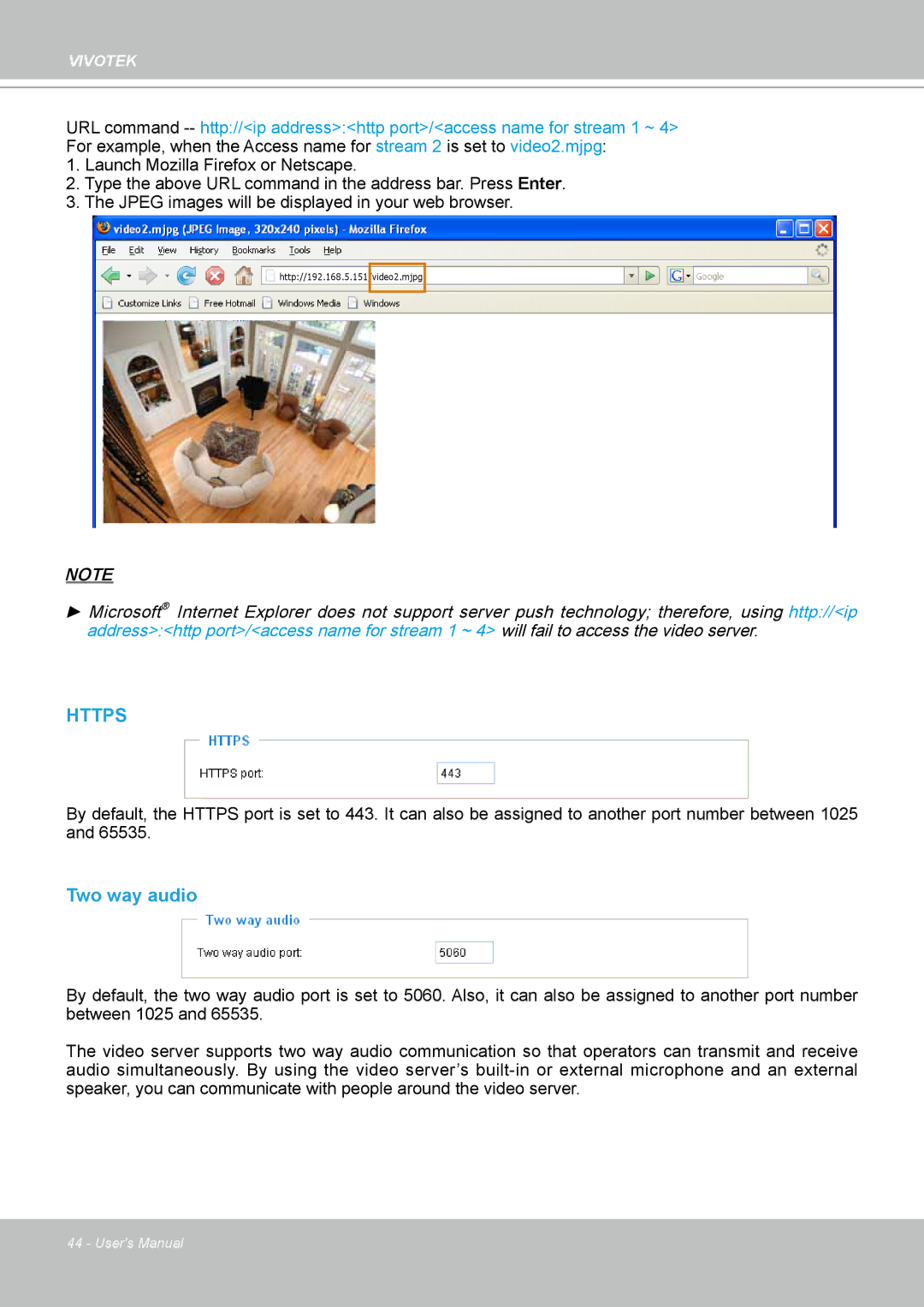 Vivotek VS8102 manual Https, Two way audio 