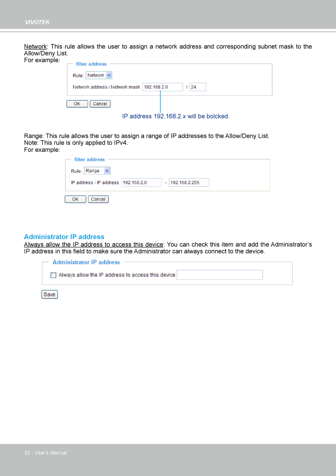 Vivotek VS8102 manual Administrator IP address 