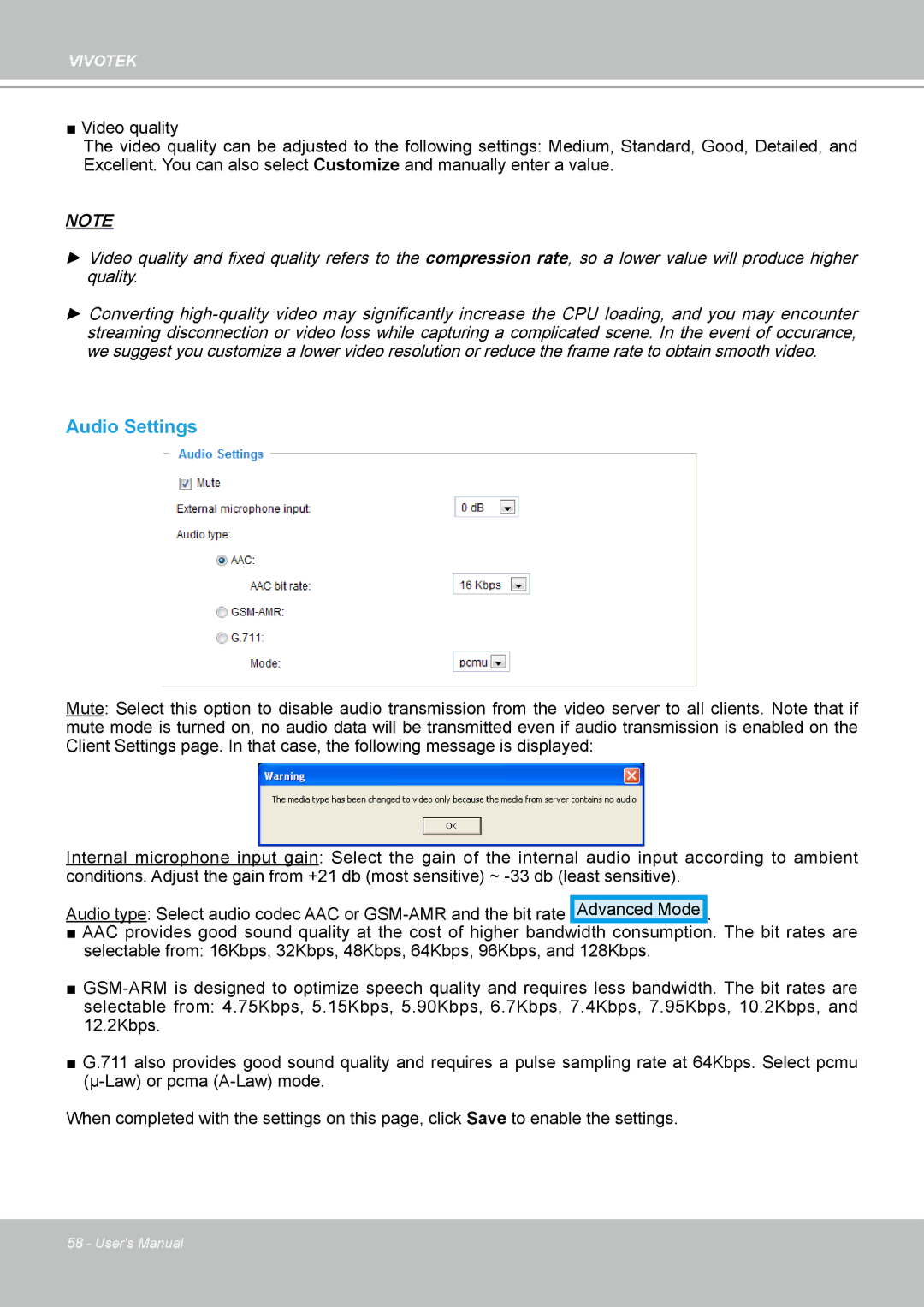 Vivotek VS8102 manual Audio Settings 