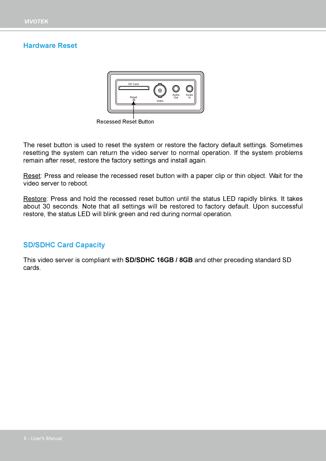 Vivotek VS8102 manual Hardware Reset 