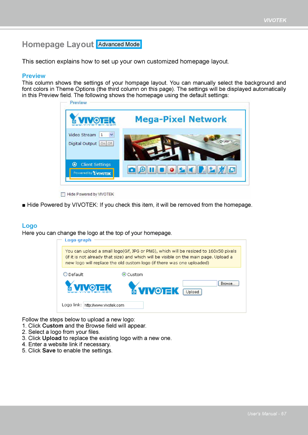 Vivotek VS8102 manual Homepage Layout, Preview, Logo 