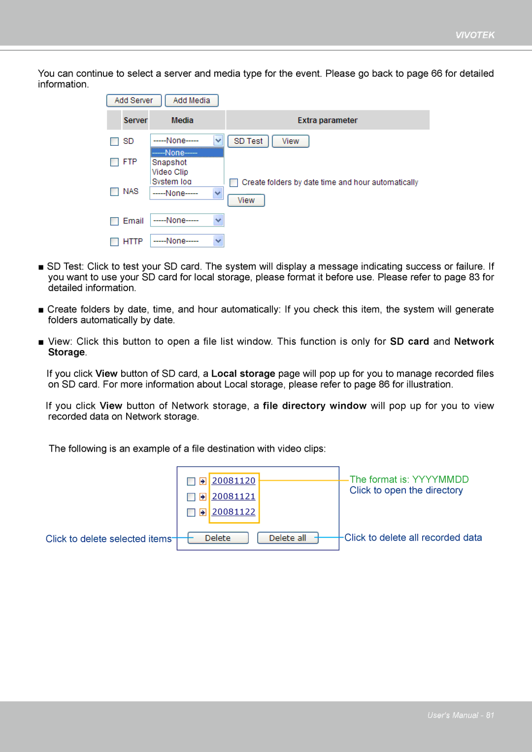 Vivotek VS8102 manual Format is Yyyymmdd Click to open the directory 