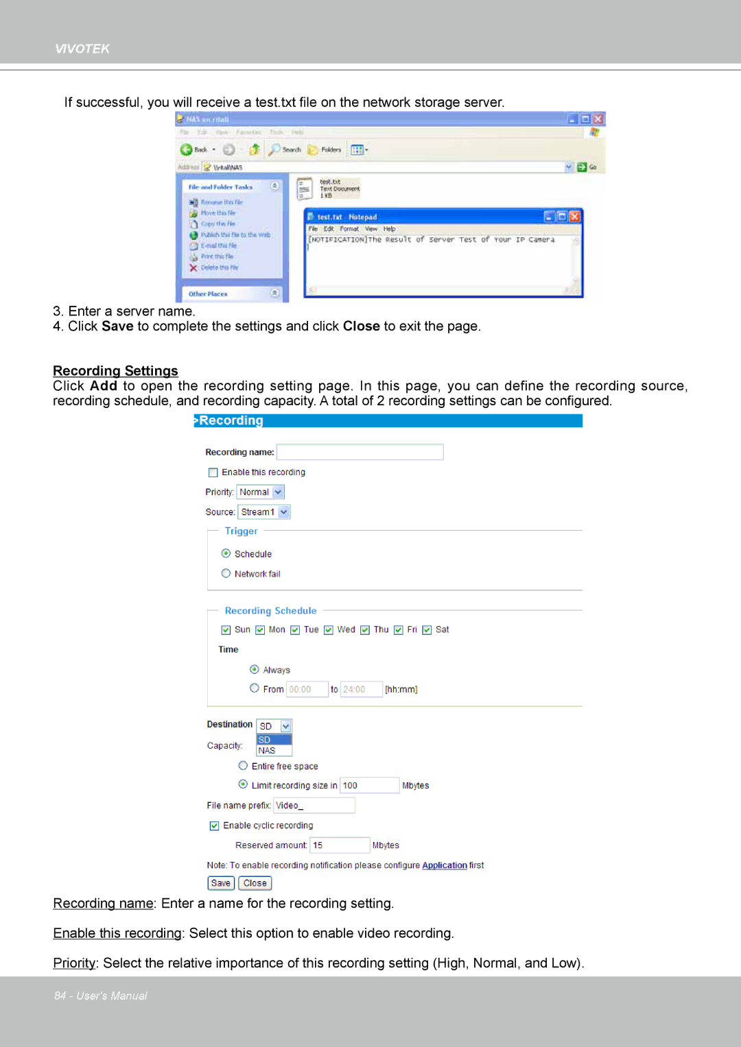 Vivotek VS8102 manual Recording Settings 