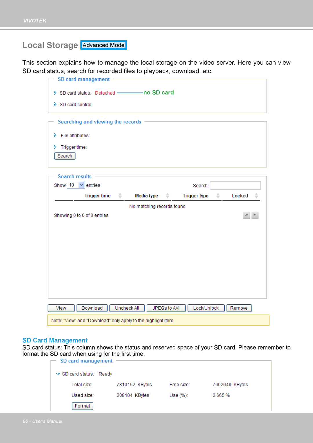 Vivotek VS8102 manual Local Storage, SD Card Management 