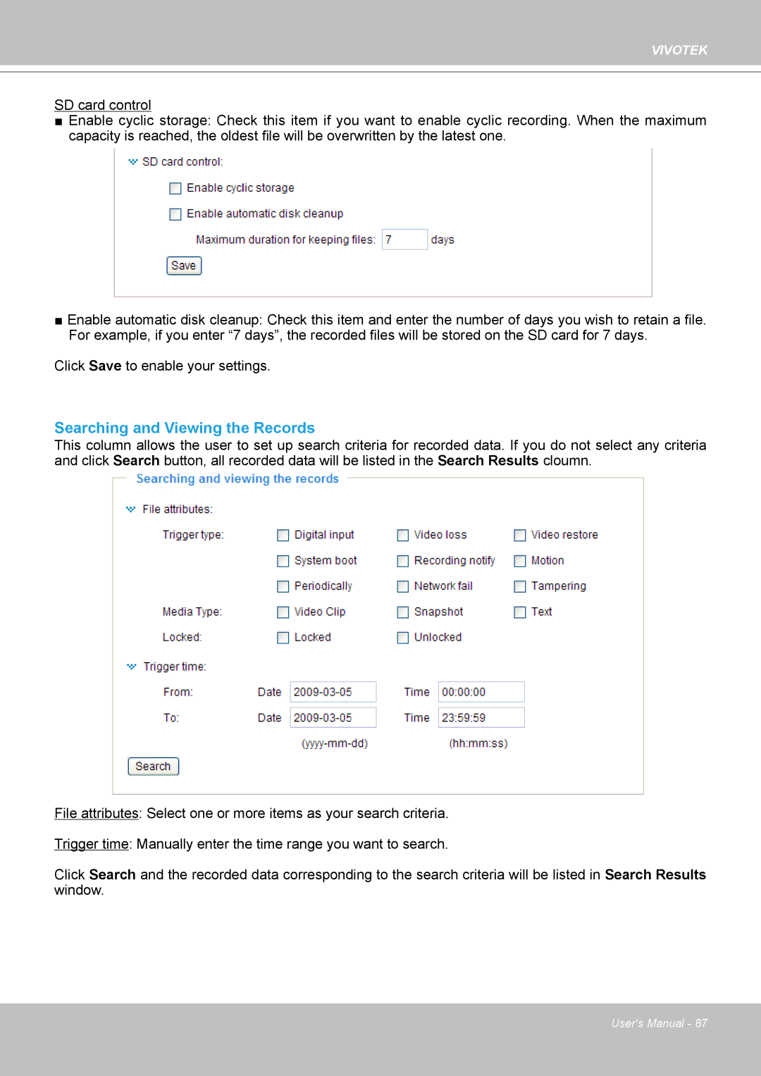 Vivotek VS8102 manual Searching and Viewing the Records 