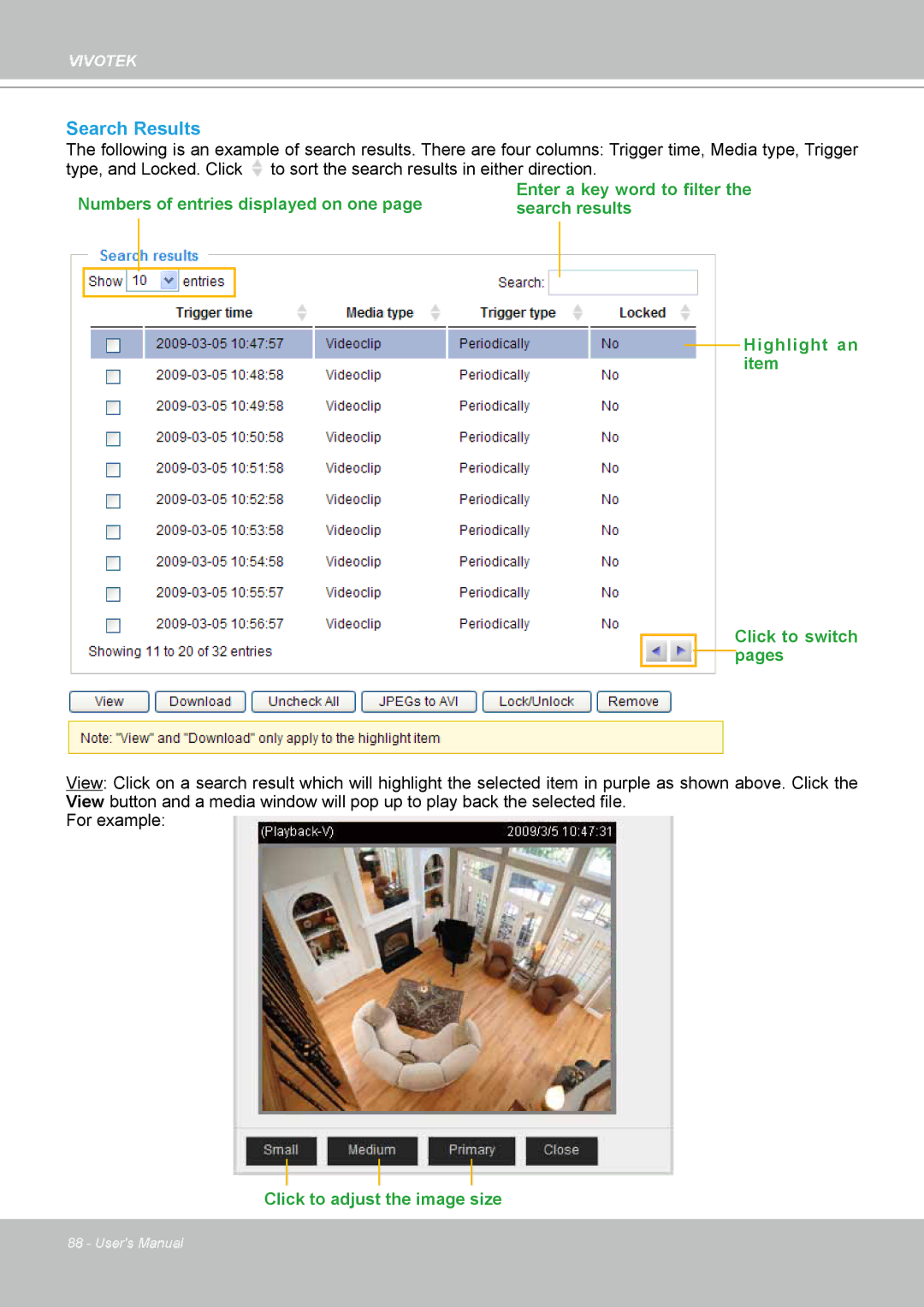 Vivotek VS8102 manual Search Results, Click to adjust the image size 