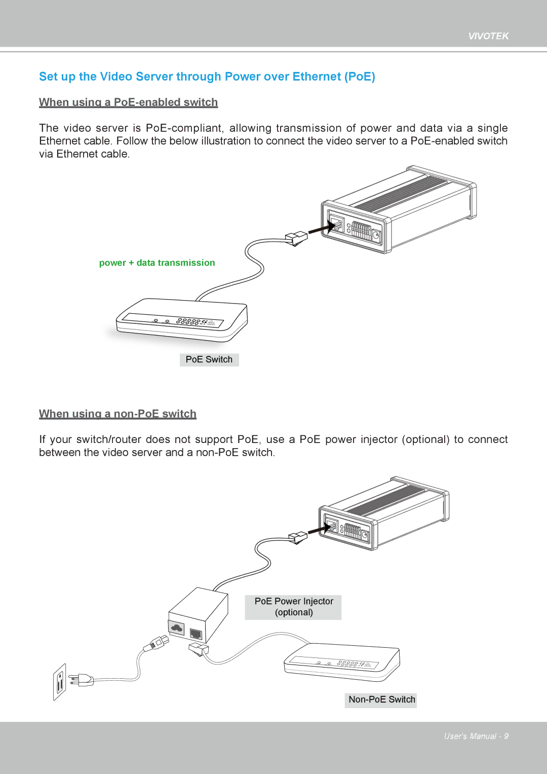 Vivotek VS8102 manual Set up the Video Server through Power over Ethernet PoE 