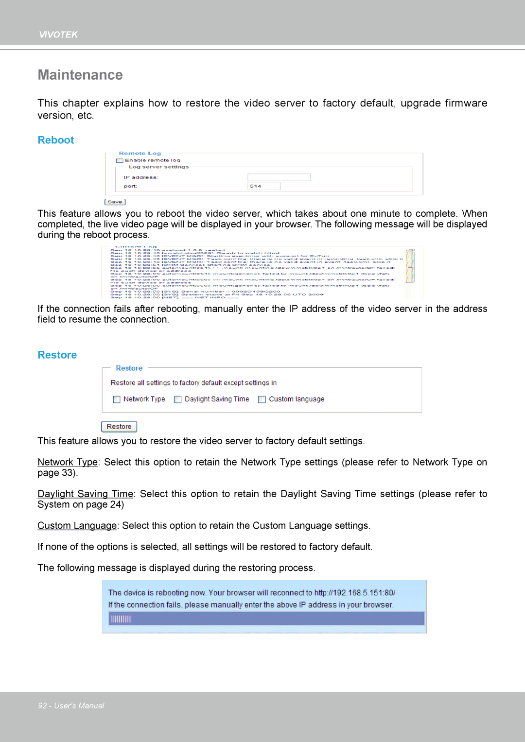 Vivotek VS8102 manual Maintenance, Reboot, Restore 