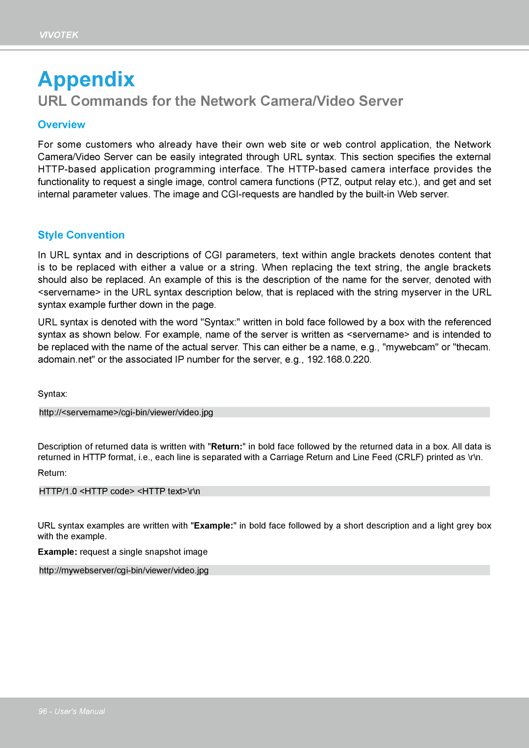 Vivotek VS8102 manual Appendix, URL Commands for the Network Camera/Video Server 