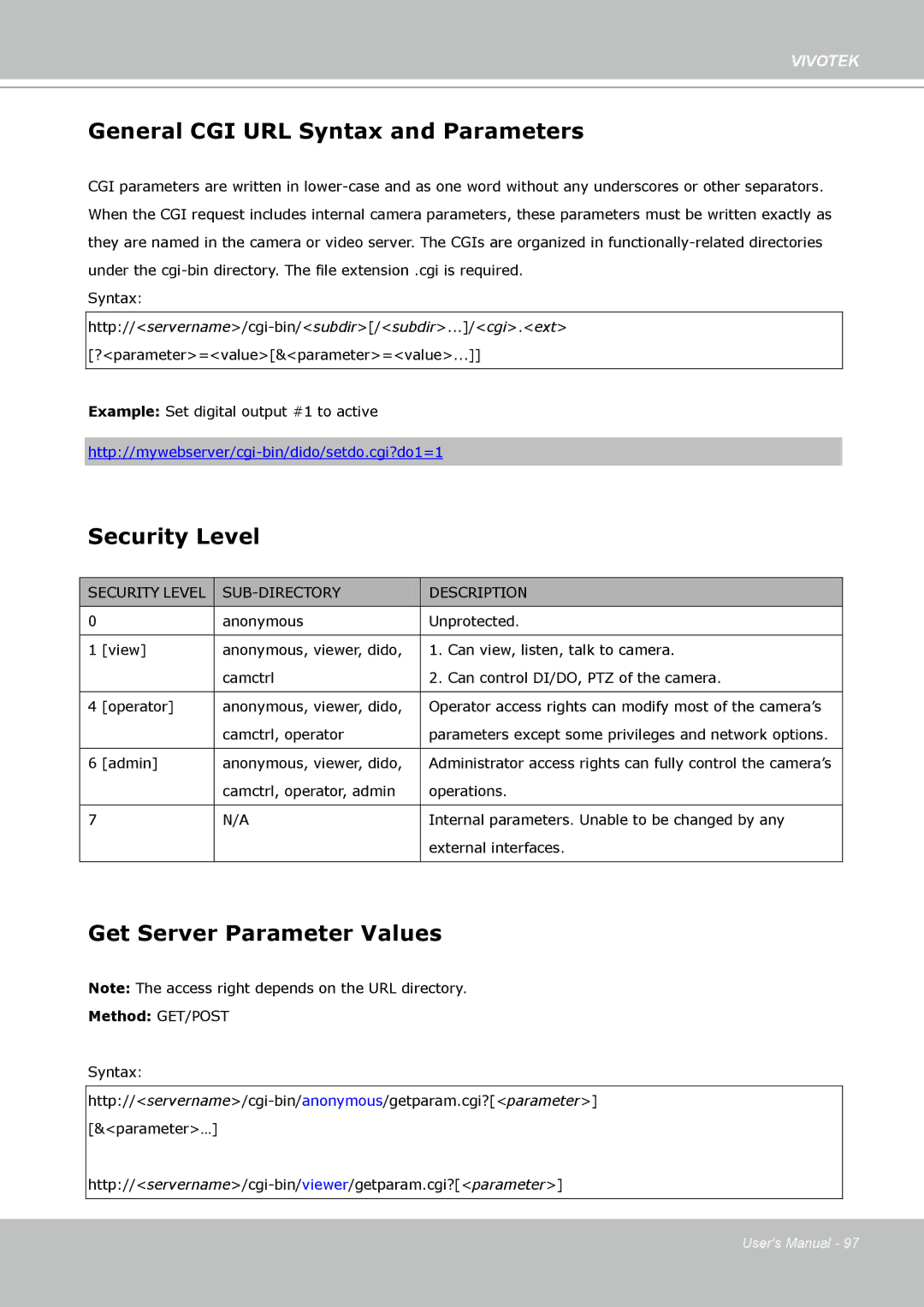 Vivotek VS8102 manual General CGI URL Syntax and Parameters, Security Level, Get Server Parameter Values 