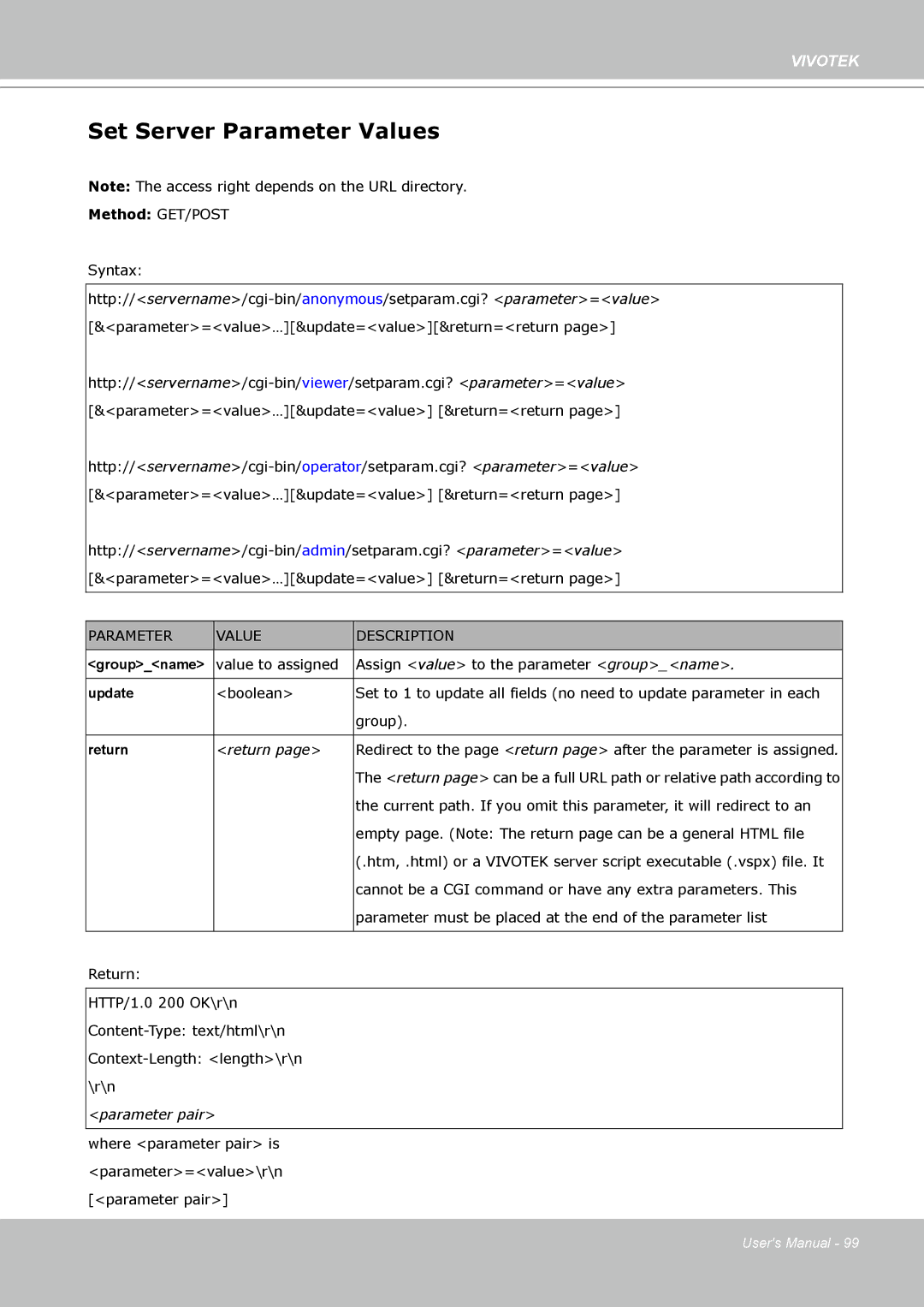 Vivotek VS8102 manual Set Server Parameter Values, Return 