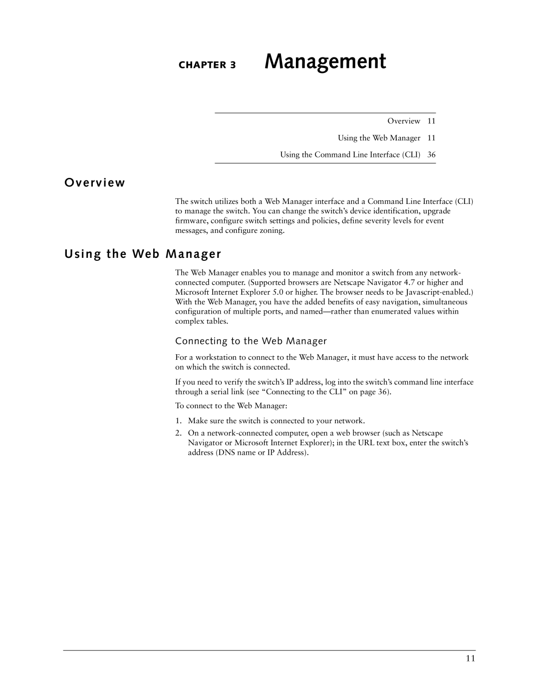 Vixel 335 manual E rv i e w, Using the Web Manager, Connecting to the Web Manager 