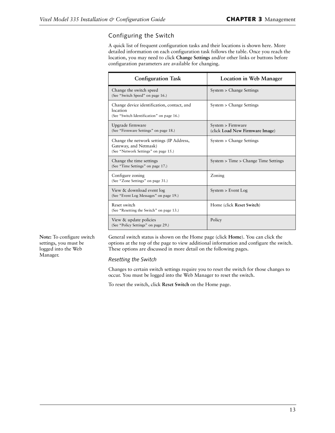 Vixel 335 manual Configuring the Switch, Configuration Task Location in Web Manager, Resetting the Switch 