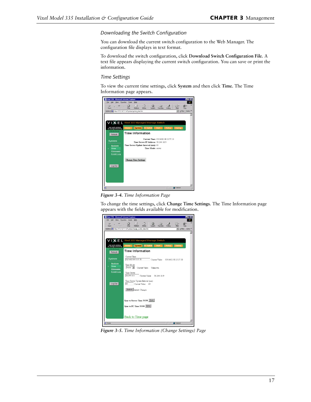 Vixel 335 manual Downloading the Switch Configuration, Time Settings 