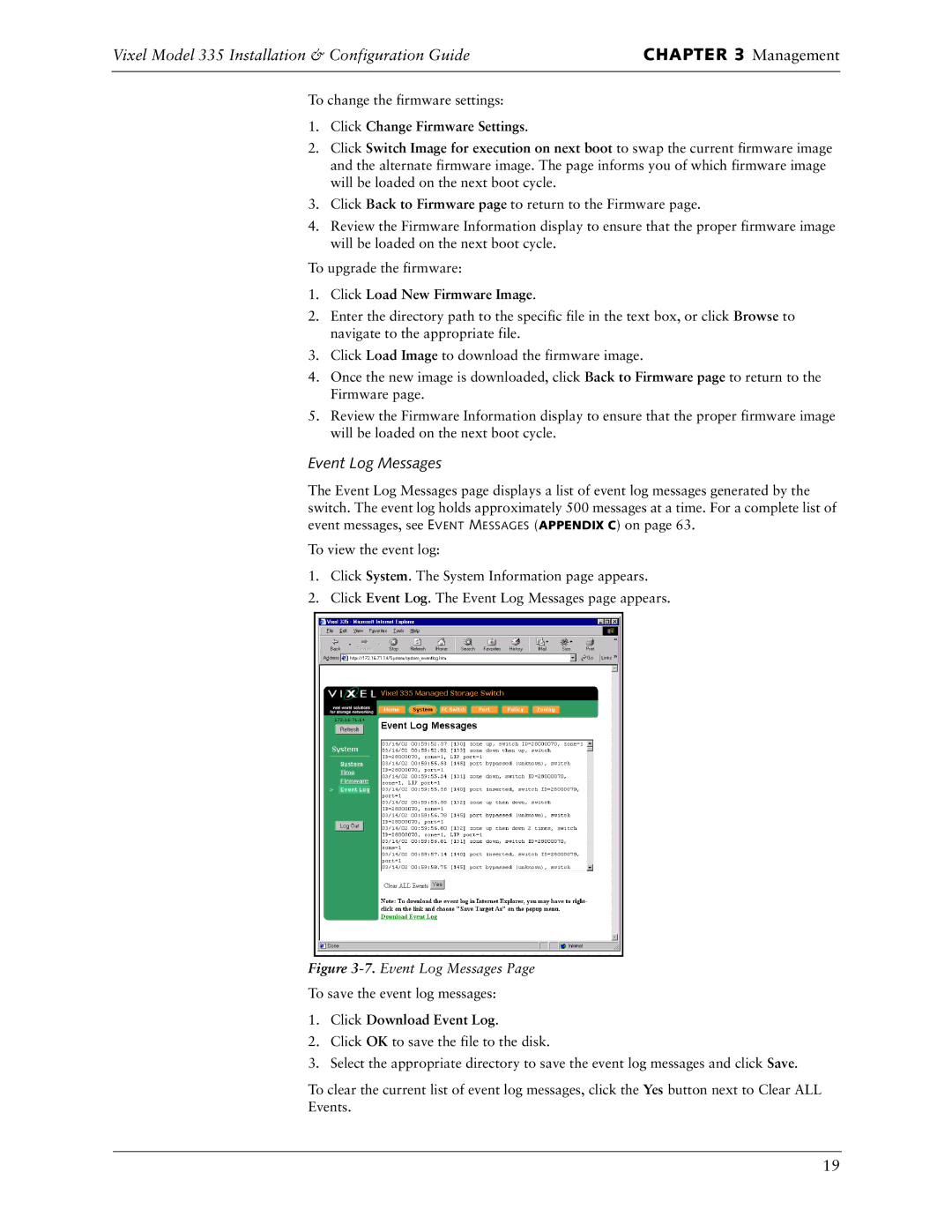 Vixel 335 manual Event Log Messages, Click Change Firmware Settings 