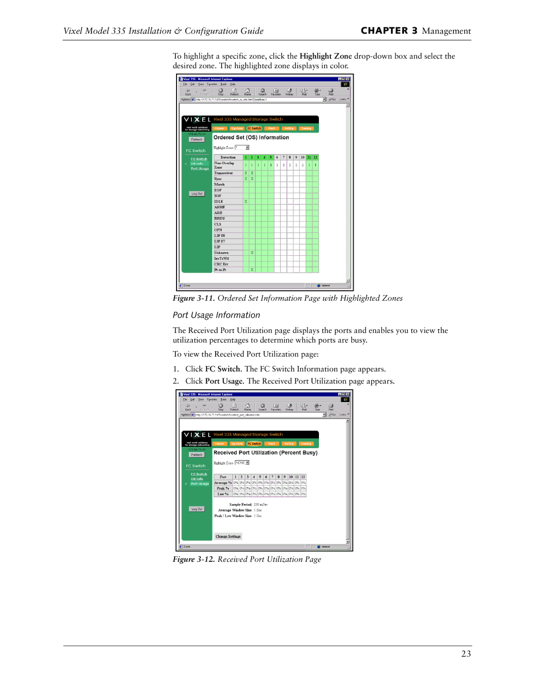 Vixel 335 manual Port Usage Information, Ordered Set Information Page with Highlighted Zones 