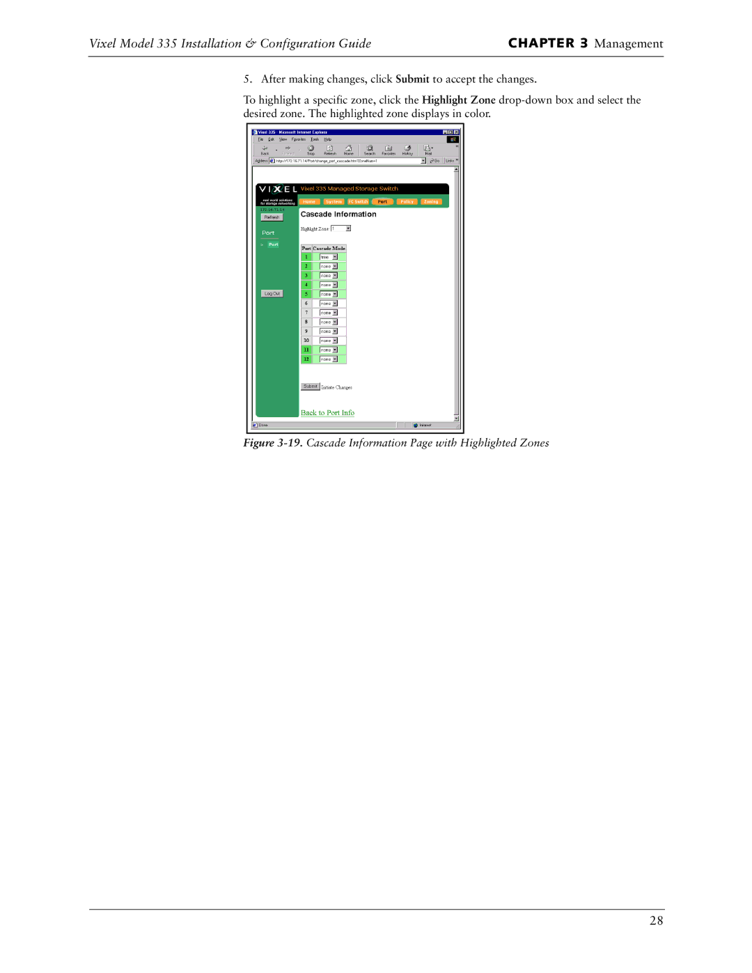 Vixel 335 manual Cascade Information Page with Highlighted Zones 