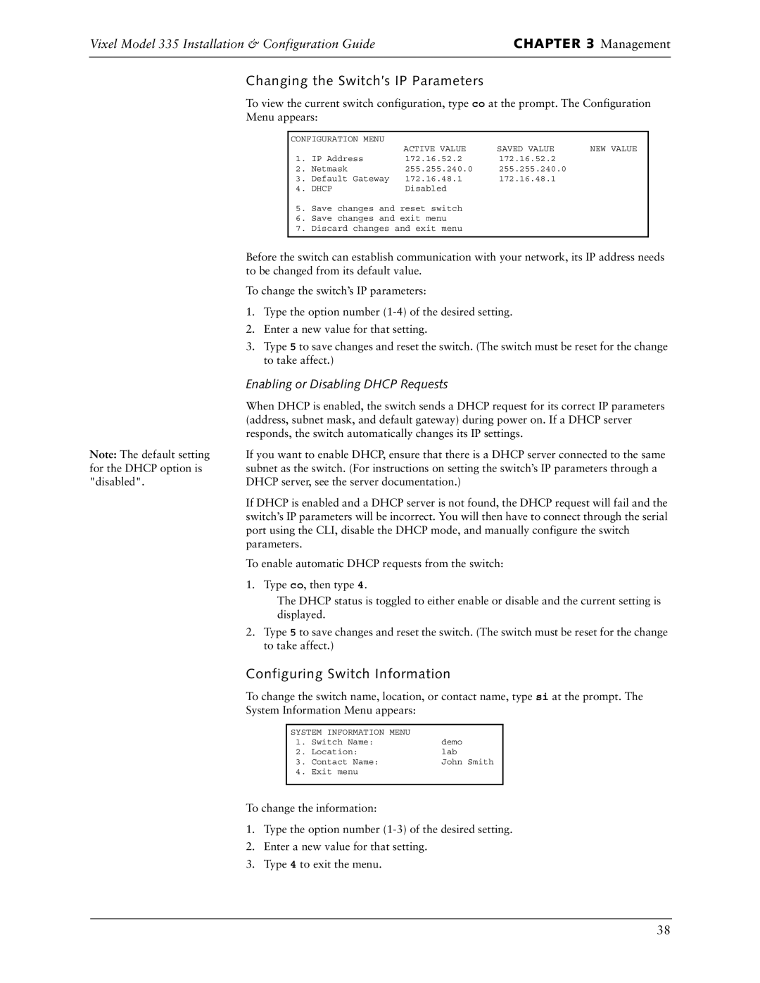 Vixel 335 manual Changing the Switch’s IP Parameters, Configuring Switch Information, Enabling or Disabling Dhcp Requests 