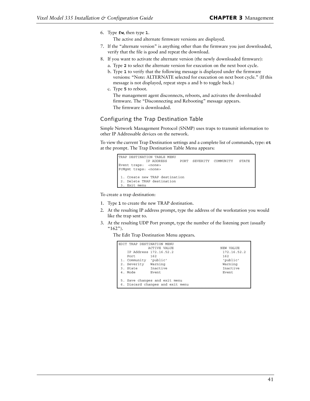 Vixel 335 manual Configuring the Trap Destination Table, Edit Trap Destination Menu Active Value NEW Value 