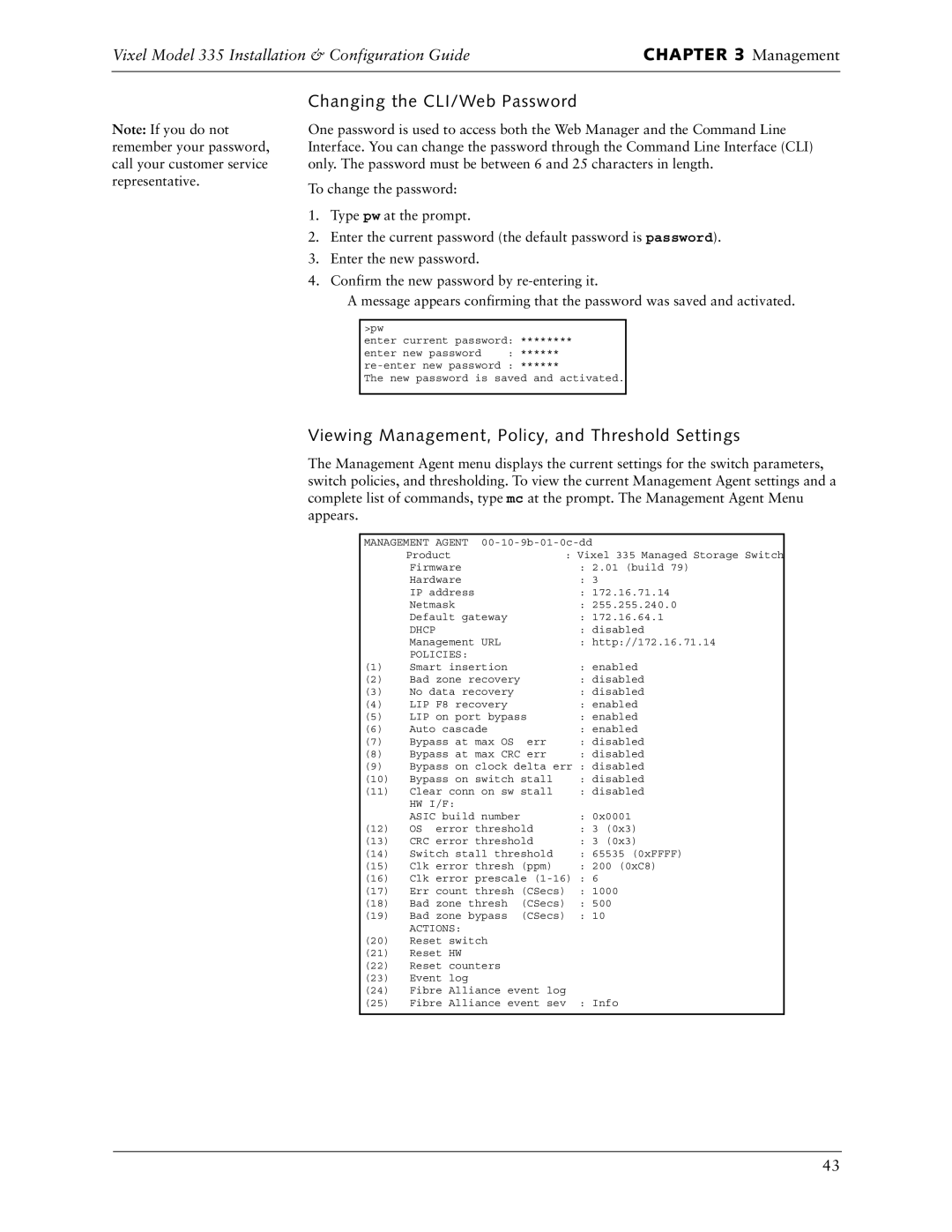 Vixel 335 manual Changing the CLI/Web Password, Viewing Management, Policy, and Threshold Settings 