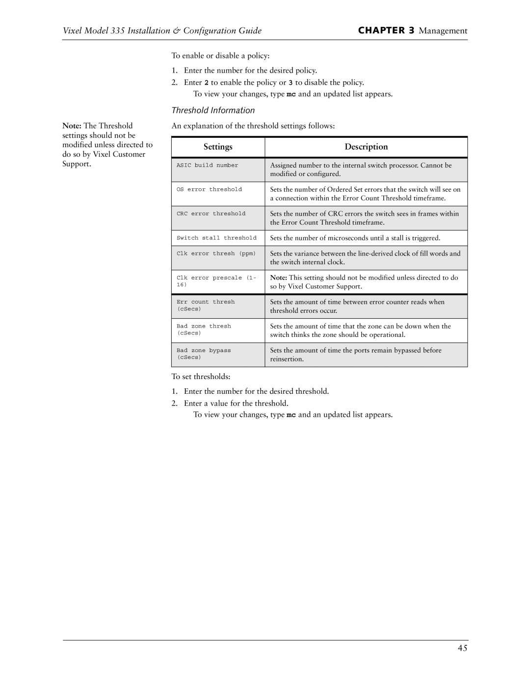 Vixel 335 manual Threshold Information, Settings Description 