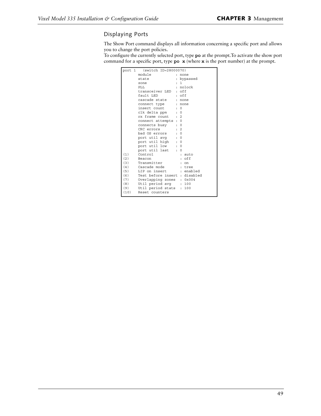 Vixel 335 manual Displaying Ports, Pll 