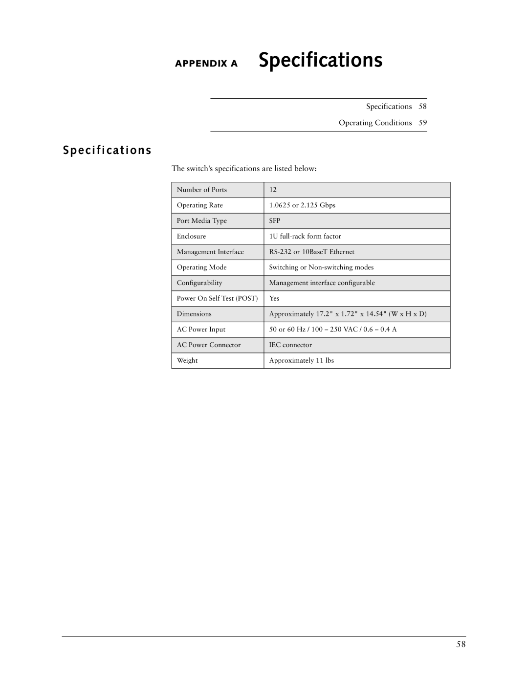 Vixel 335 manual Appendix a Specifications, Specification s 