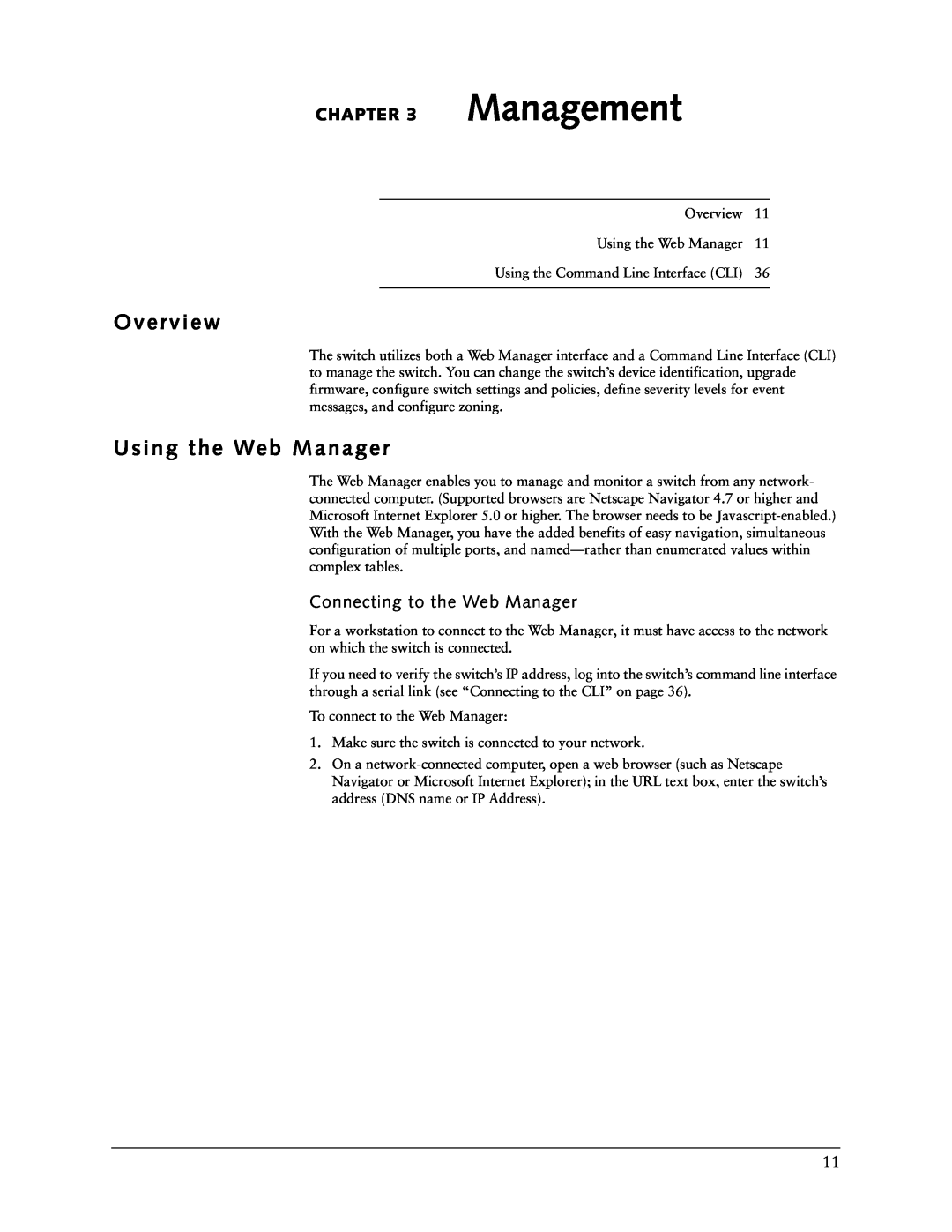 Vixel 335 manual O v e rv i e w, Using the Web Manager, Management, Connecting to the Web Manager 