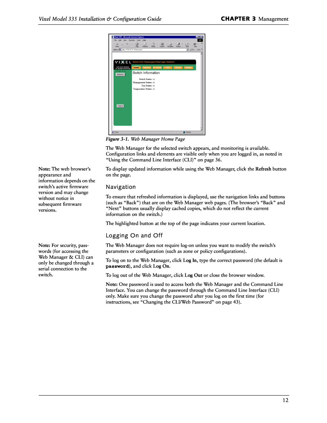 Vixel manual Management, Navigation, Logging On and Off, Vixel Model 335 Installation & Configuration Guide 