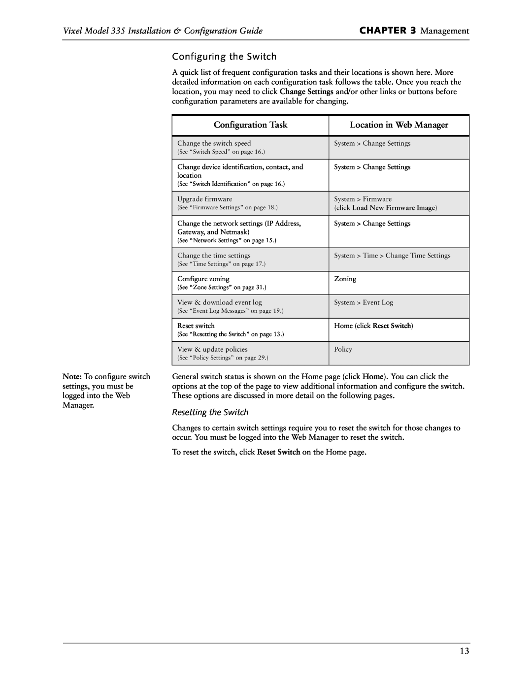 Vixel manual Management, Configuring the Switch, Vixel Model 335 Installation & Configuration Guide, Configuration Task 