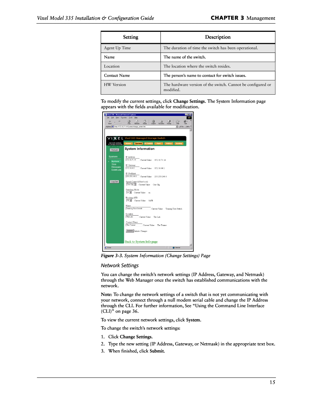 Vixel manual Management, Vixel Model 335 Installation & Configuration Guide, Description, Network Settings 