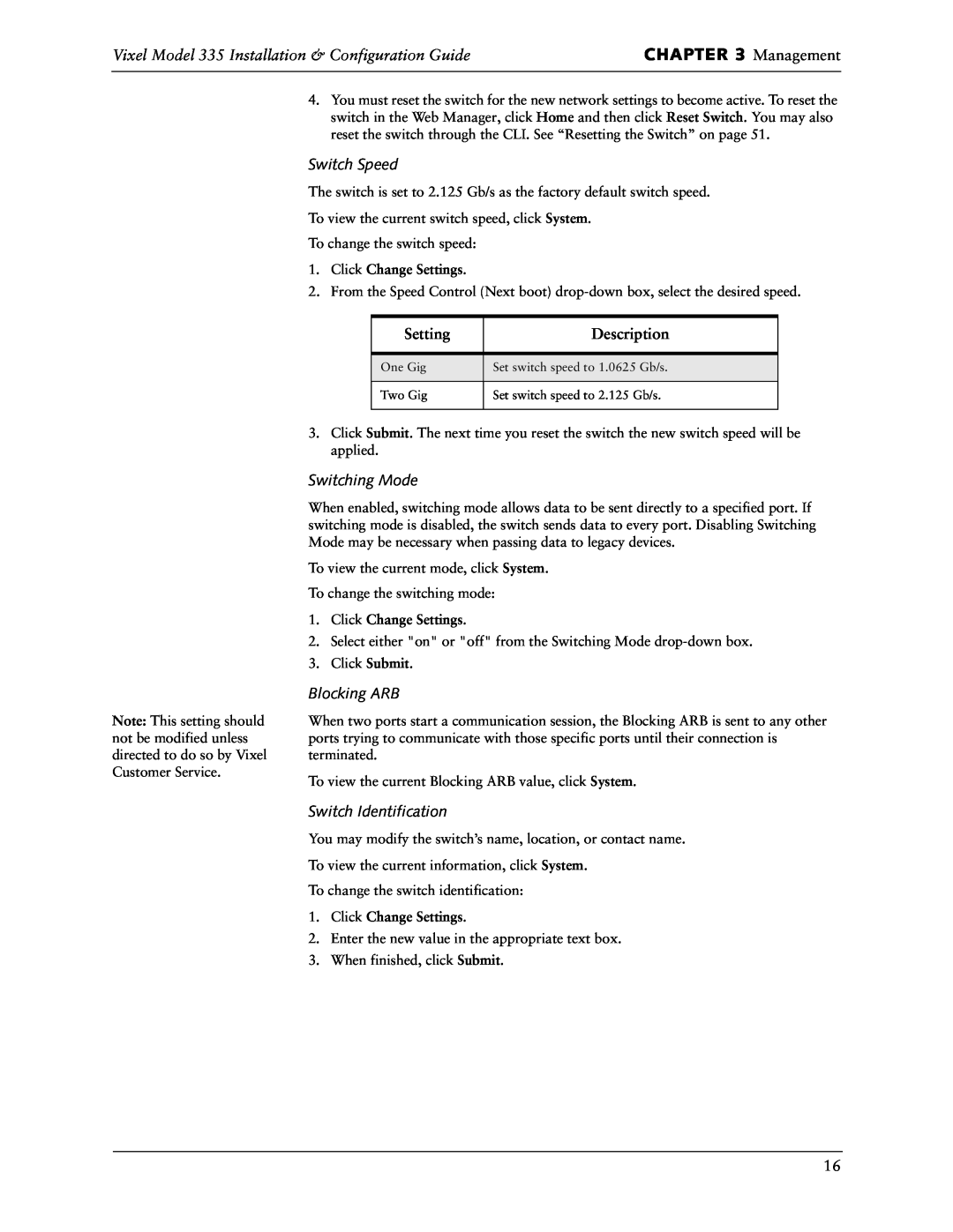 Vixel Management, Vixel Model 335 Installation & Configuration Guide, Switch Speed, Setting, Description, Blocking ARB 