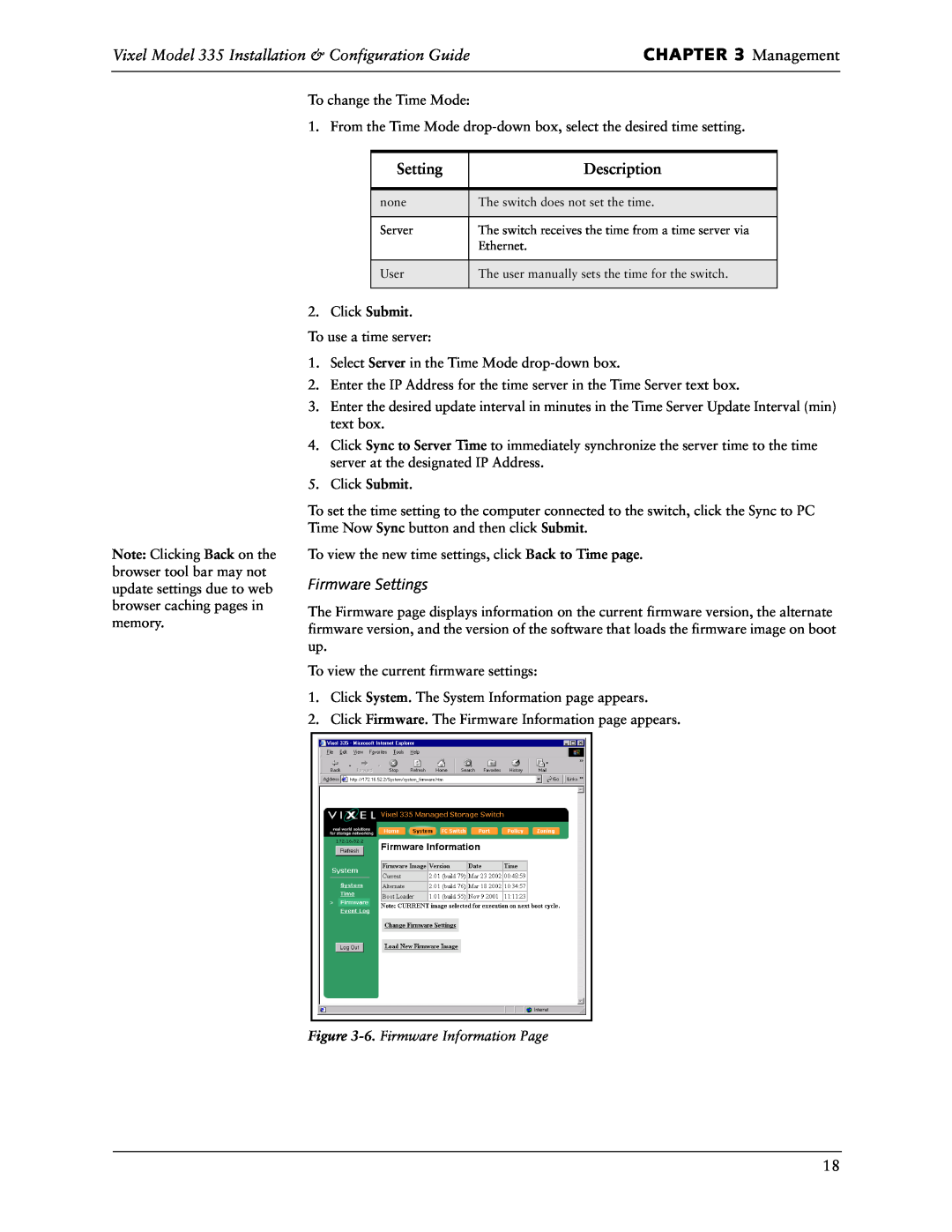 Vixel manual Management, Vixel Model 335 Installation & Configuration Guide, Description, Firmware Settings 