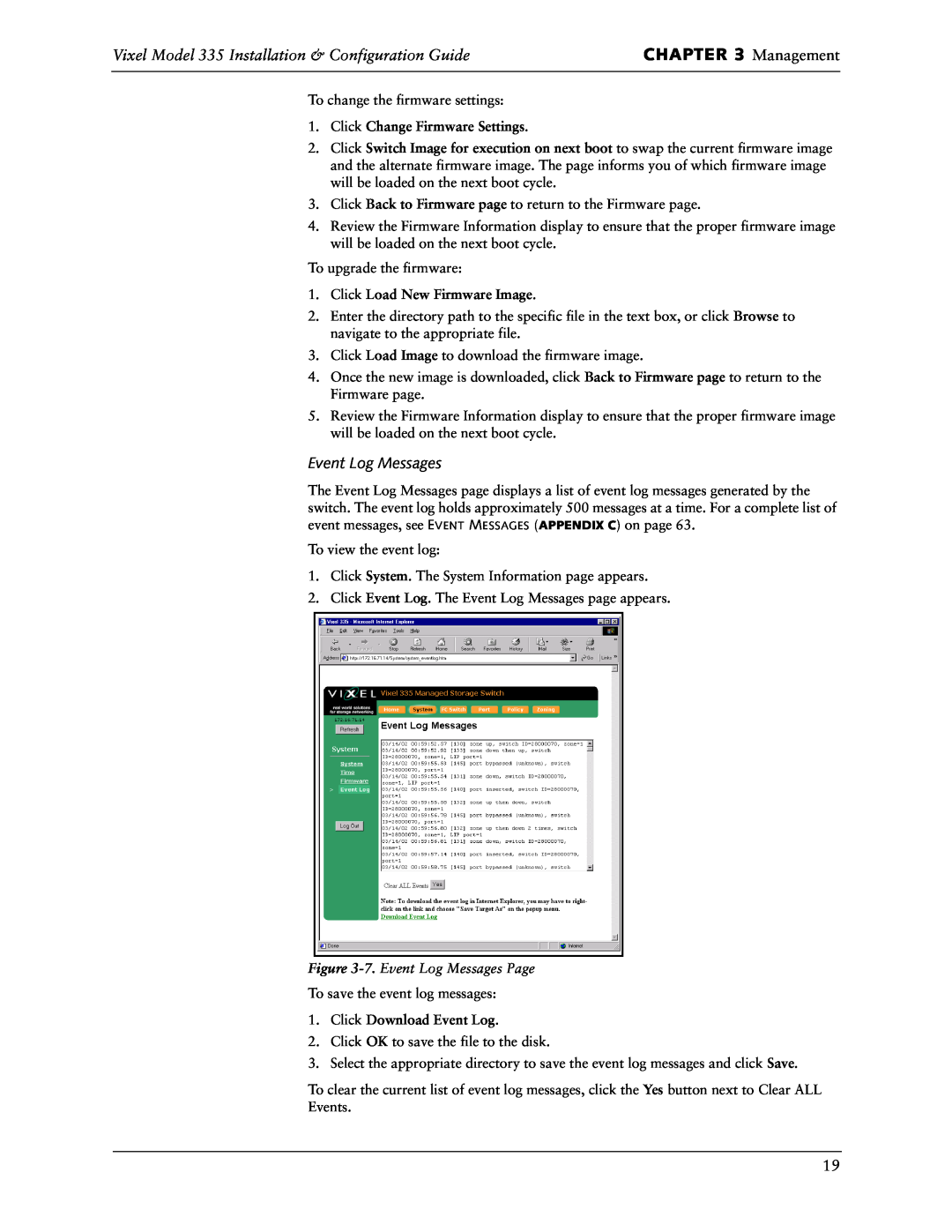 Vixel Management, Vixel Model 335 Installation & Configuration Guide, Event Log Messages, Click Load New Firmware Image 